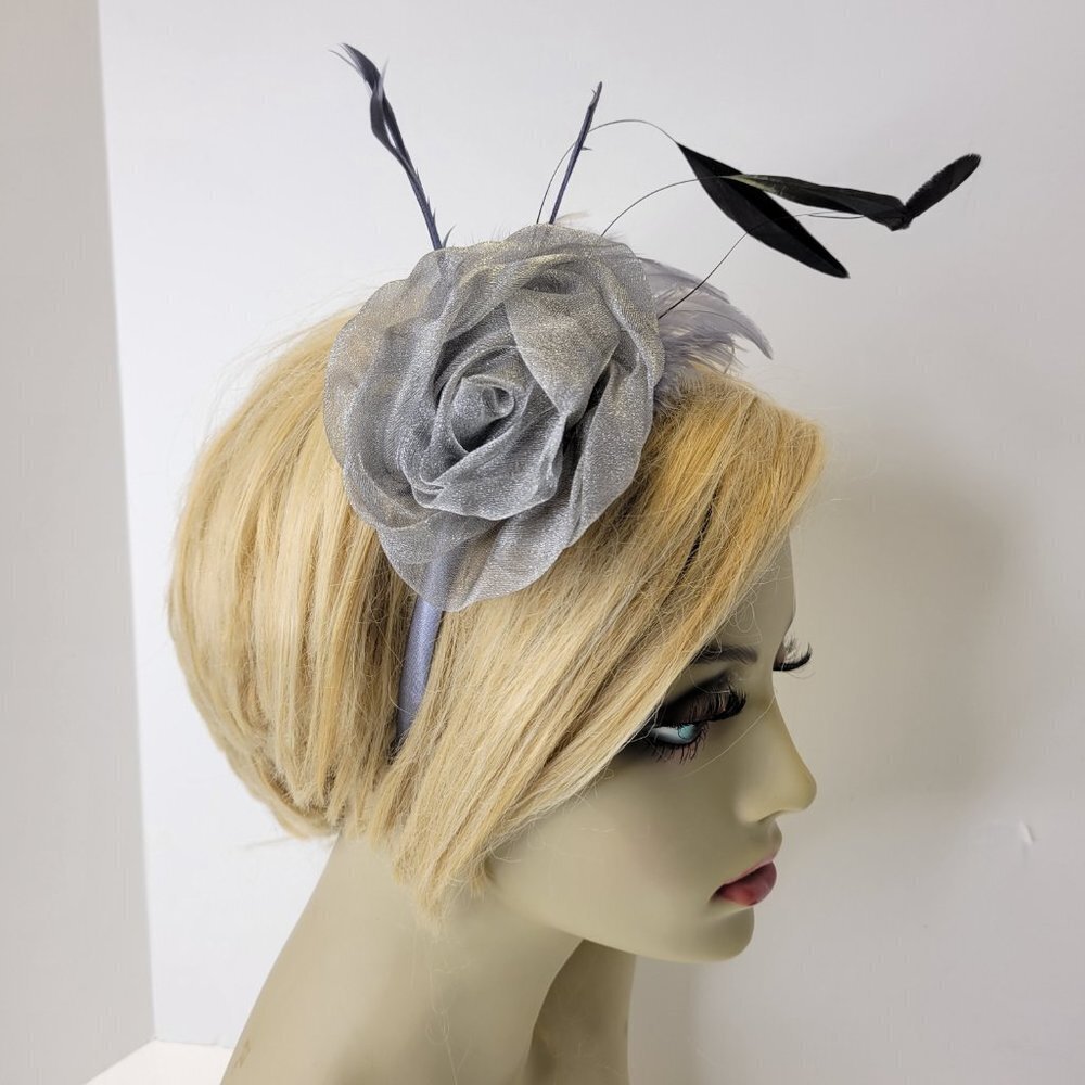 Silver Grey Rose Flower Headband Fascinator with Grey and Black Feathers